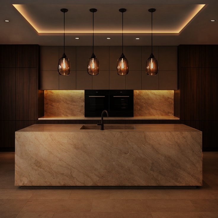 Kitchen with warm layers of lightings